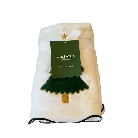 Kassatex Green Velvet Christmas Tree Hand Towels 16x28 Embroidered Set of 2 NEW - Picture 8 of 9